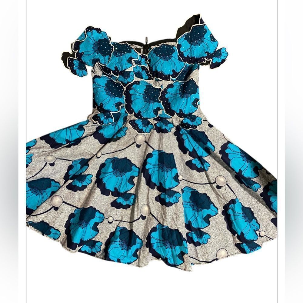 OOAK Custom Blue Floral Rhinestone Rockabilly Pin Up coquette Party Dress 12-14 - Picture 3 of 15